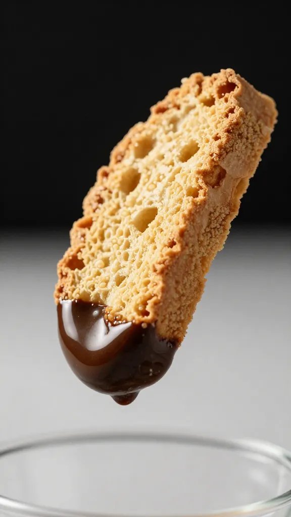 single biscotti slice dunked in espresso, tight macro