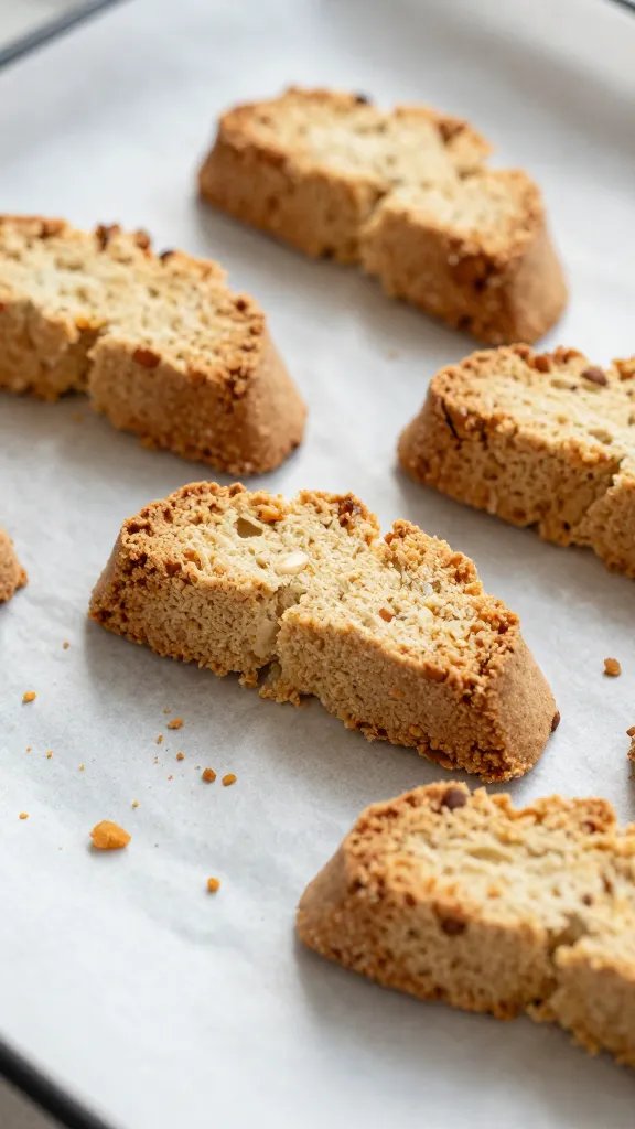 almond flour biscotti crumbs on parchment, shallow focus