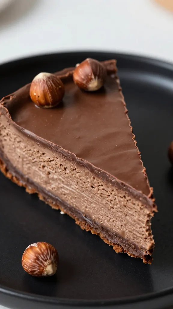 closeup keto hazelnut chocolate cheesecake slice on matte black plate