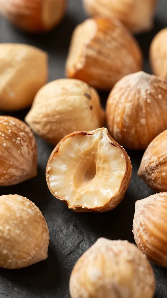 roasted hazelnuts clustered on dark slate, macro detail