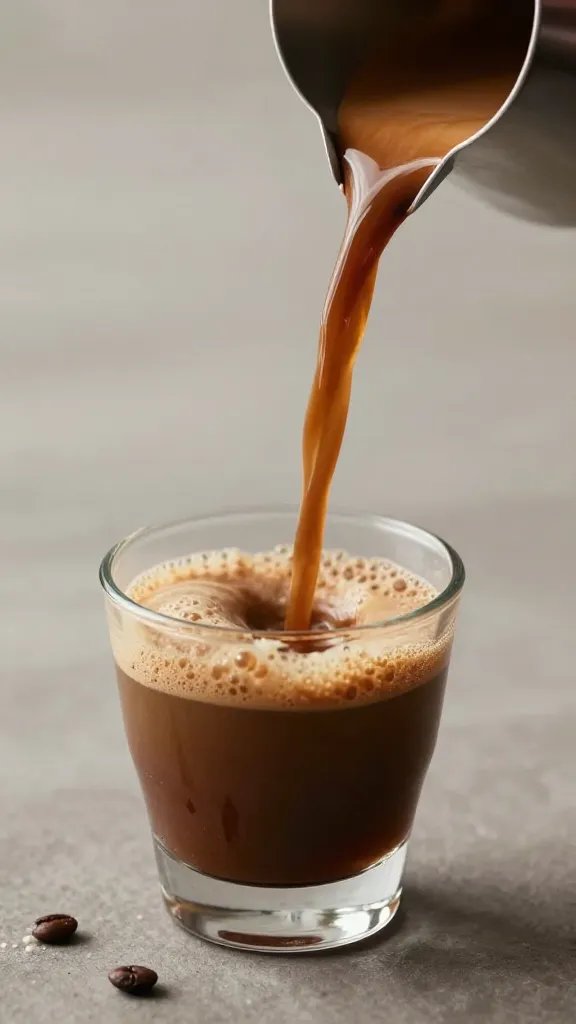 espresso shot being poured into cocoa, splash closeup