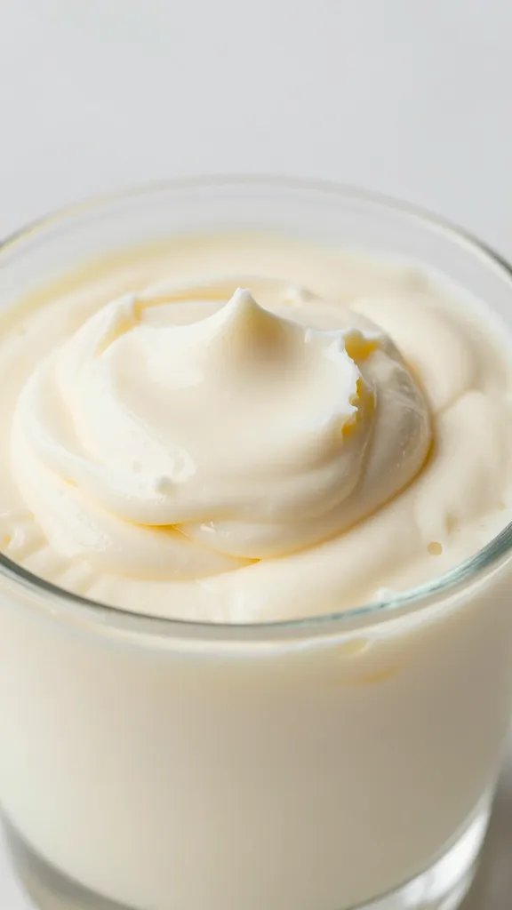 closeup mascarpone vanilla cup in clear glass, soft natural light