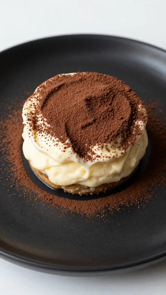 single low-carb mascarpone cup dusted with cocoa, matte black plate