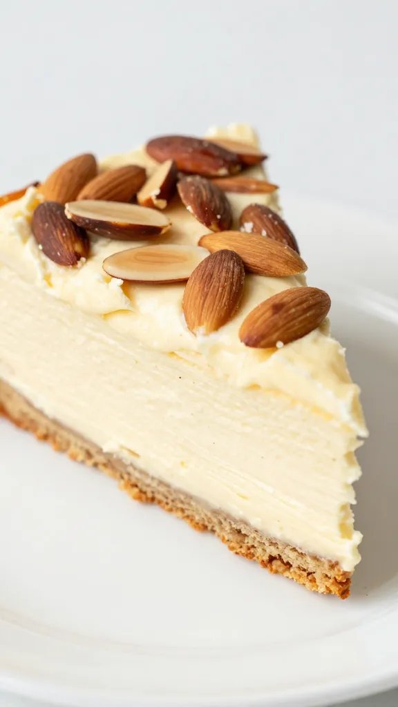 closeup slice of keto almond ricotta cake on white plate