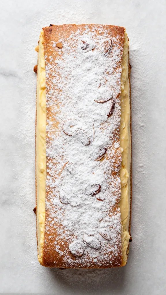 single almond ricotta cake dusted with powdered sweetener, overhead