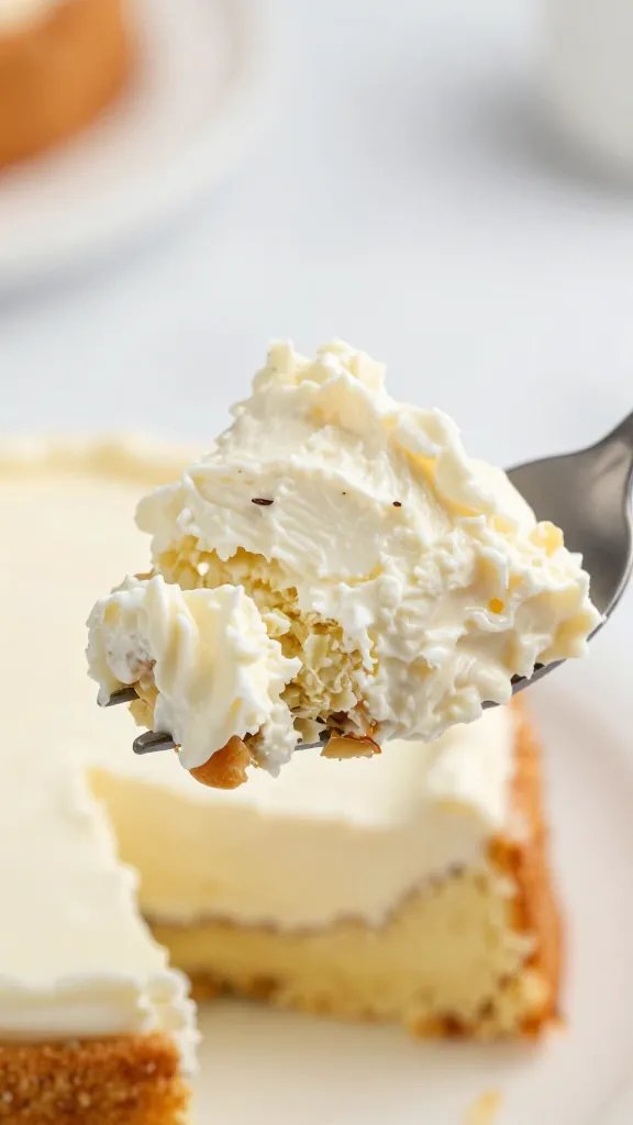 forkful of creamy almond ricotta cake, shallow depth of field