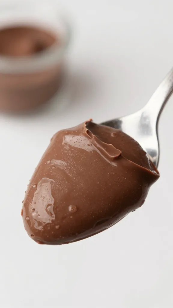 spoonful of glossy low-carb chocolate mousse, macro shot
