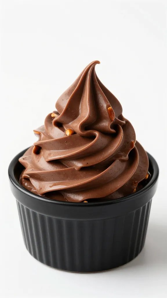 piped chocolate almond mousse swirl in matte black ramekin