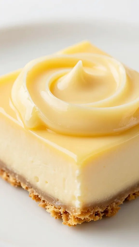 single lemon-zested cheesecake bar with glossy swirl, macro