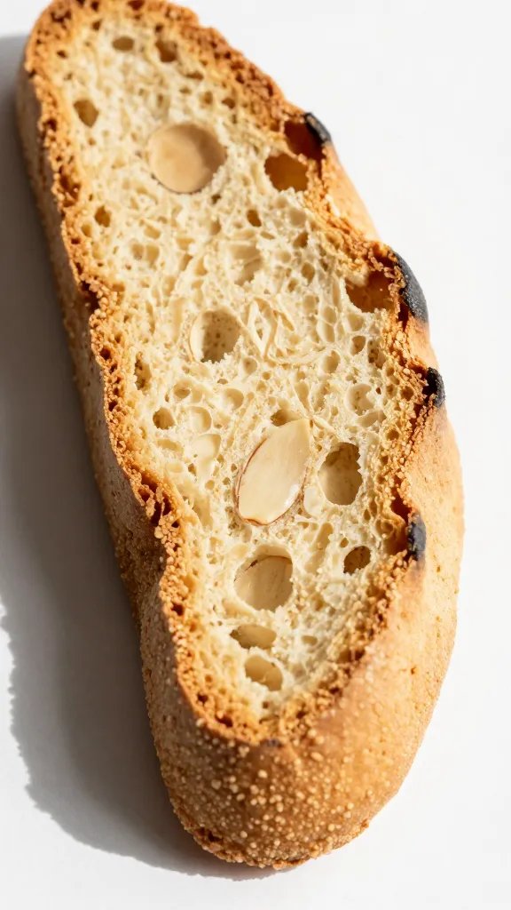 closeup of almond flour biscotti slice, twice-baked crust