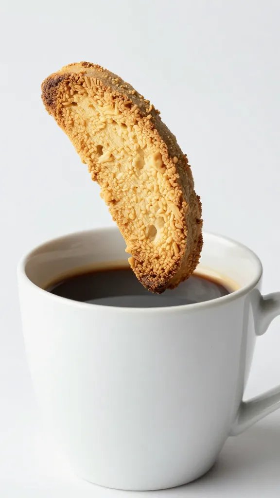 single biscotti dipped in coffee mug, crumbs on rim