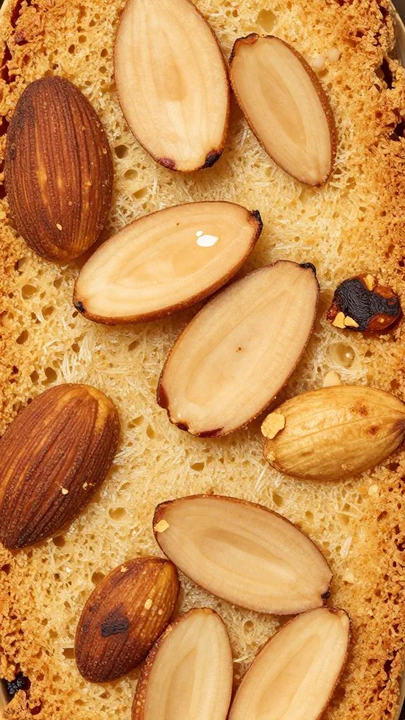 toasted sliced almonds on biscotti surface, macro detail