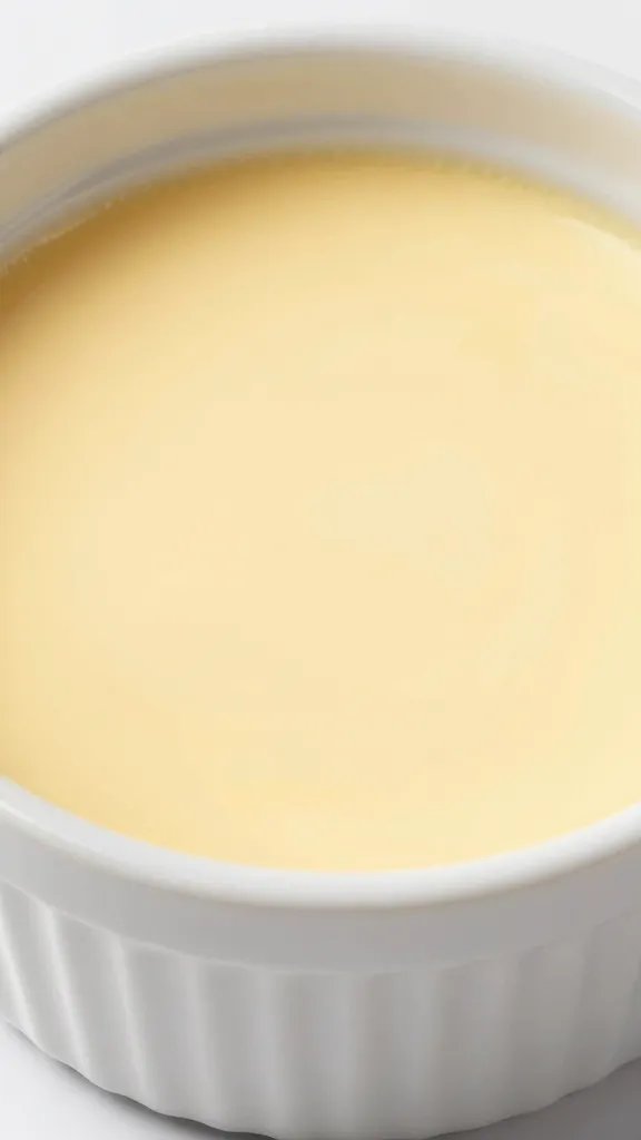 Closeup keto vanilla ricotta custard in white ramekin