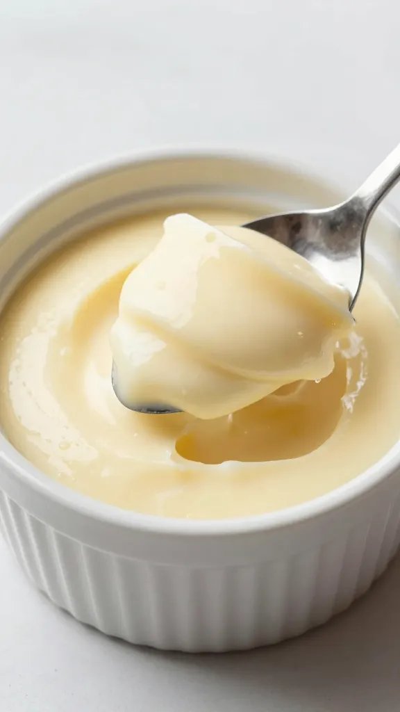 Spoonful of silky vanilla ricotta custard over ramekin