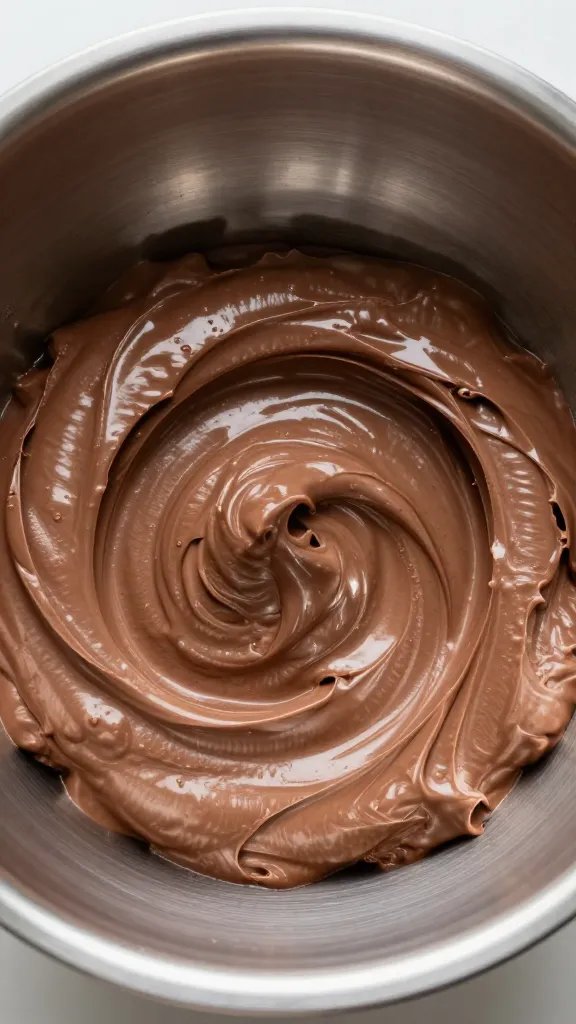 whipped chocolate mascarpone cream in stainless mixing bowl, glossy peaks