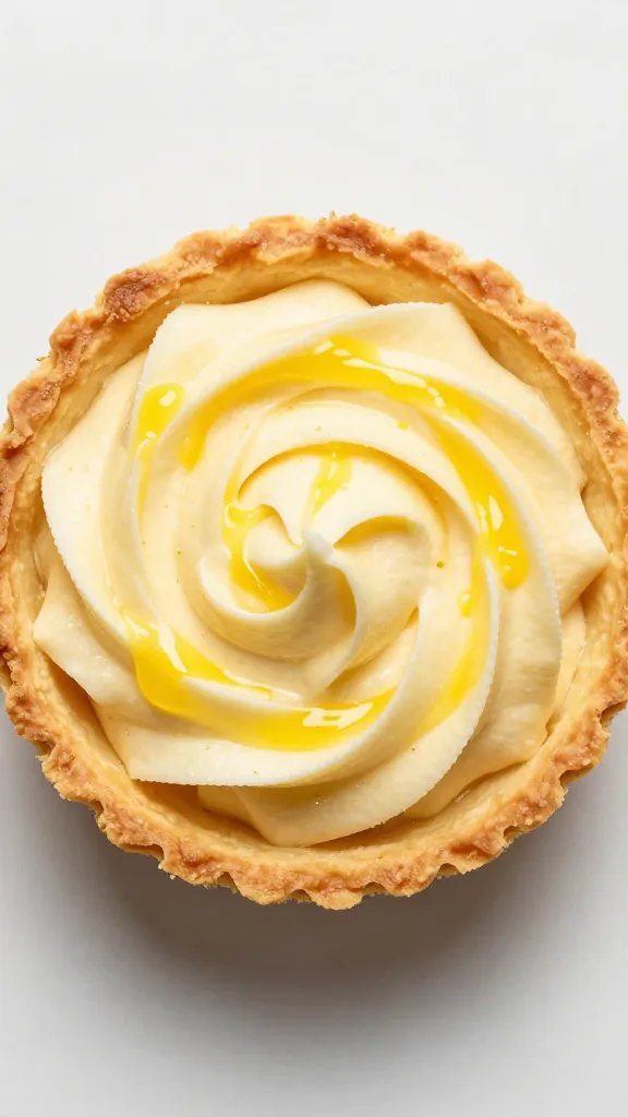 overhead single tart with glossy lemon zest swirl, buttery crust