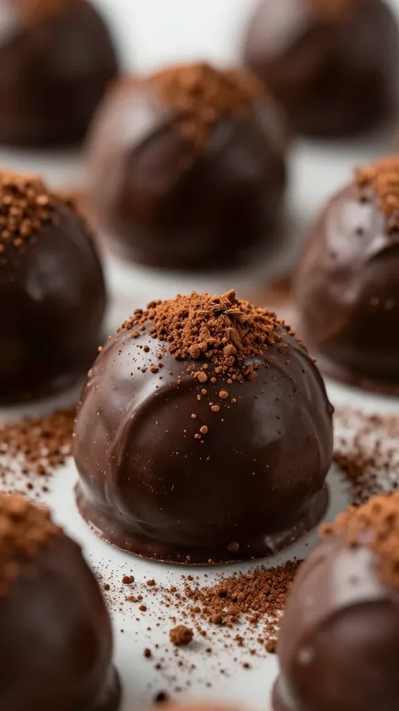 glossy dark chocolate truffle with espresso powder sprinkle