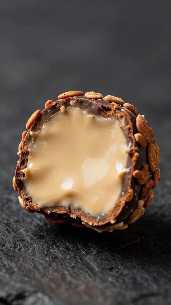 single cut truffle showing creamy espresso center, almond coating