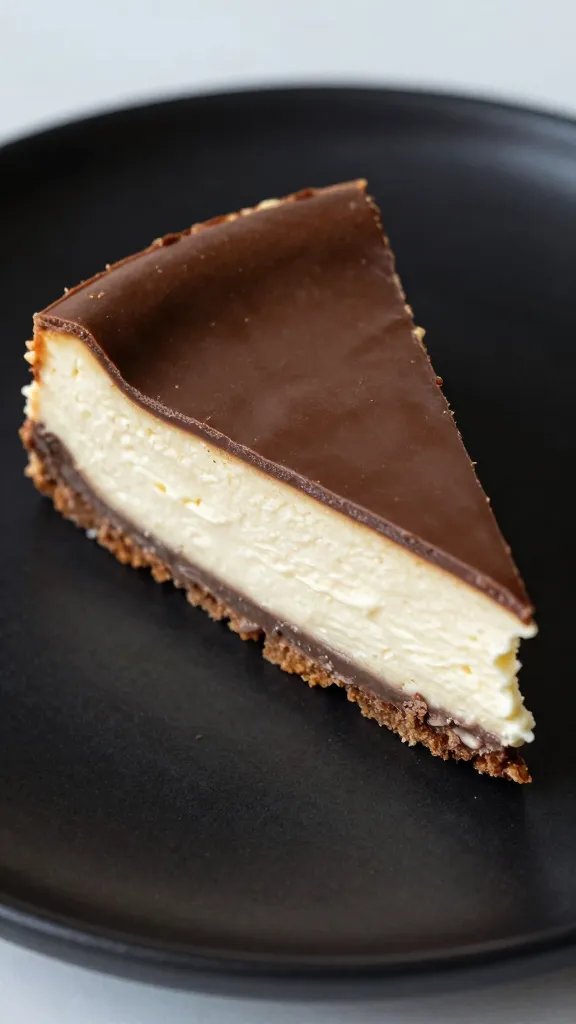 closeup slice of mascarpone chocolate cheesecake on matte black plate