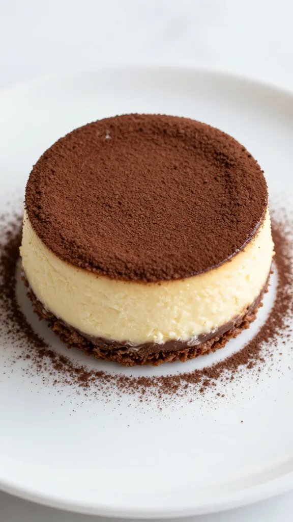 overhead single mini mascarpone chocolate cheesecake with cocoa dusting