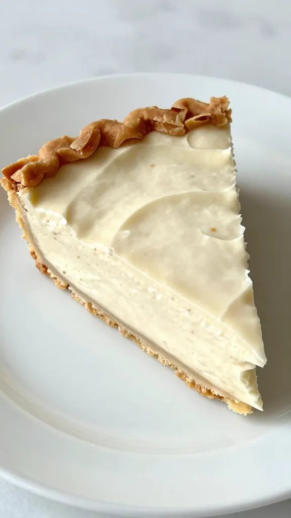 closeup slice of keto almond cream pie on white plate