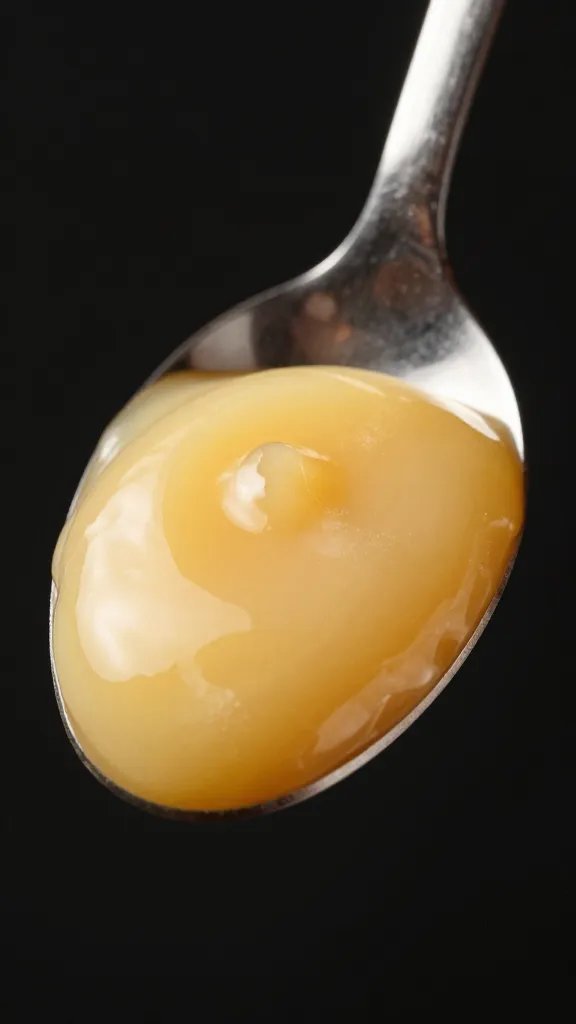 spoonful of silky almond custard, glossy, against black background