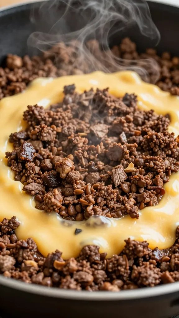 closeup skillet of keto queso smothered ground beef, steaming