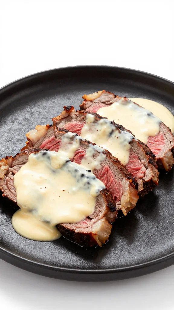 sliced skirt steak smothered in creamy queso on black plate