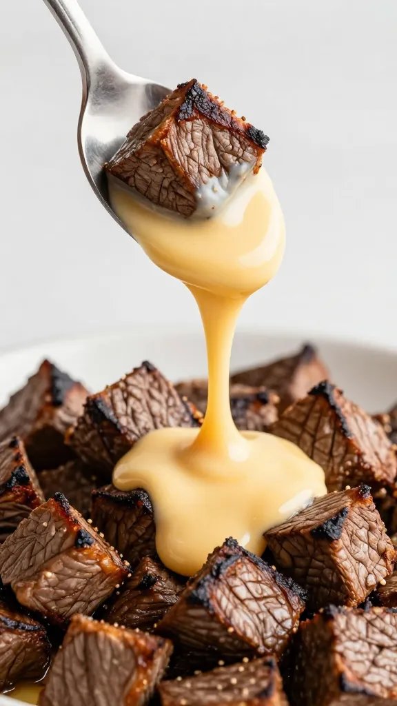 spoonful of silky keto queso dripping over seared beef cube