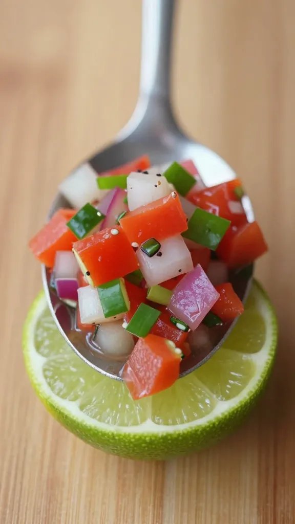 spoonful of fresh pico de gallo over lime wedge