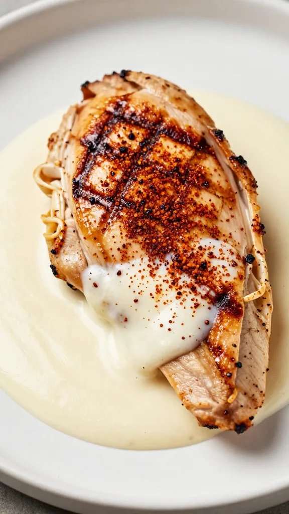 dollop of crema on grilled chicken, dusted with smoked paprika
