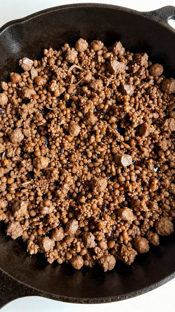 sizzling seasoned ground beef in cast-iron skillet, overhead