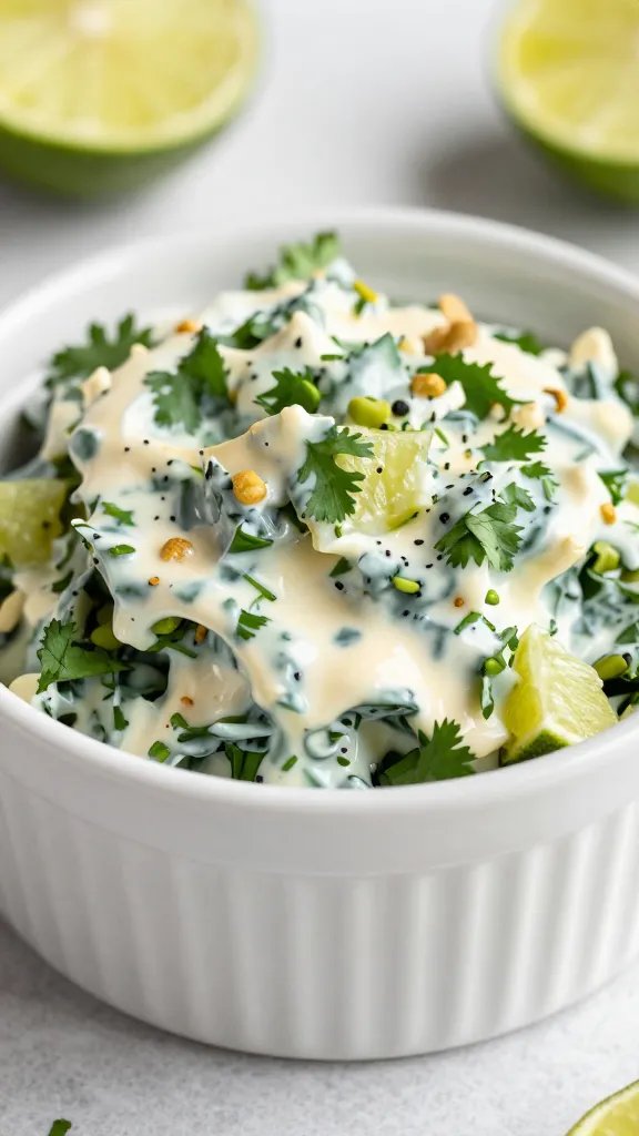 creamy cilantro-lime slaw in small ceramic ramekin, closeup