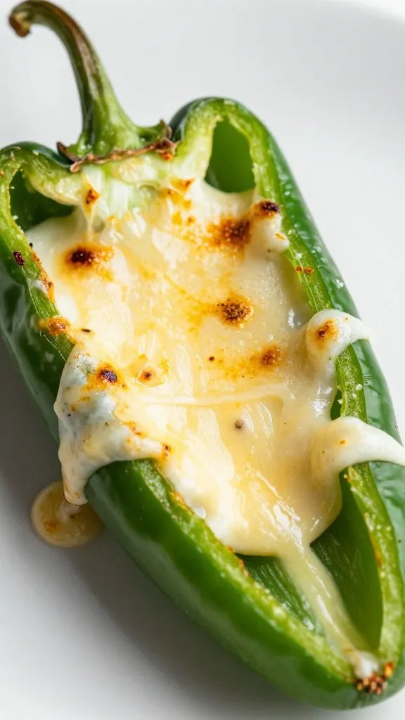 broiled poblano pepper with melted cheese, macro shot