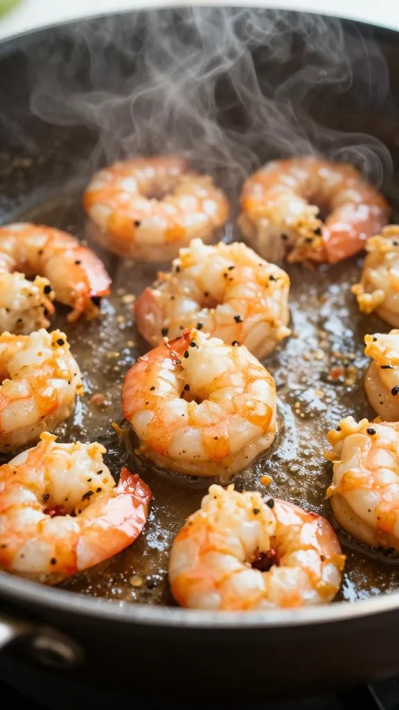 closeup skillet of keto shrimp fajitas, sizzling steam