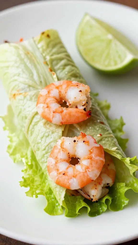 single lettuce-wrapped shrimp fajita, lime wedge background blur