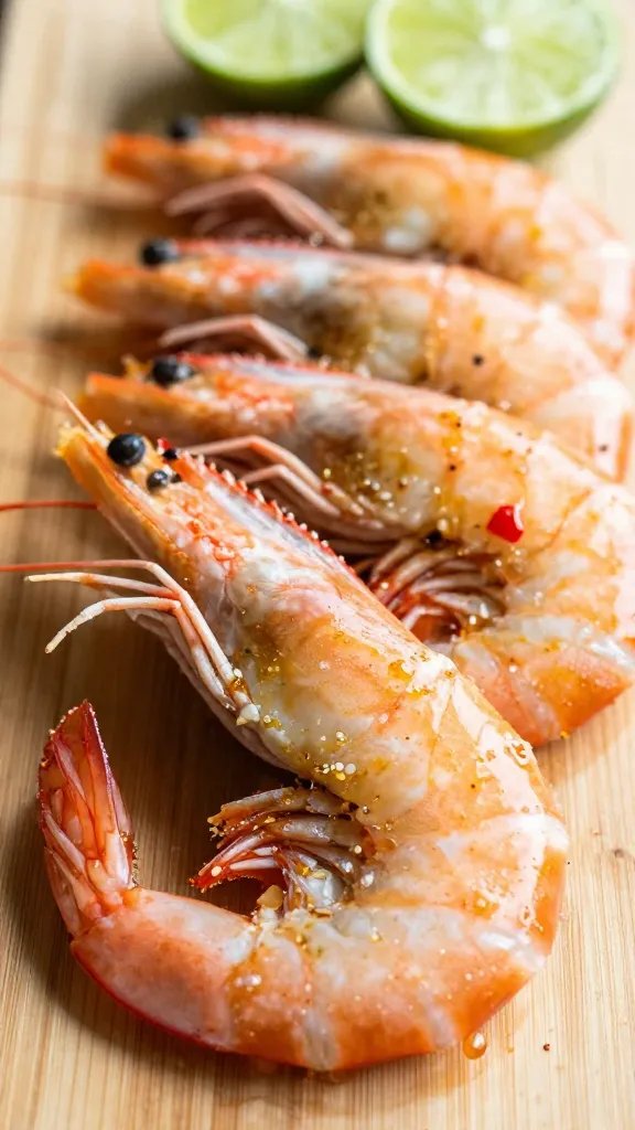 closeup seasoned raw shrimp with chili-lime rub on board