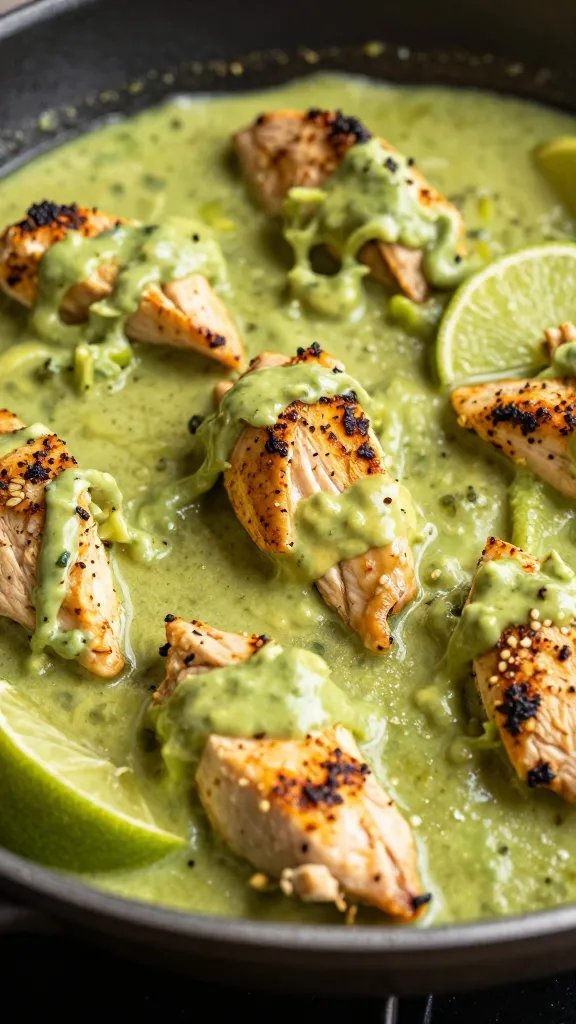 closeup skillet of taco-spiced chicken in avocado-lime sauce