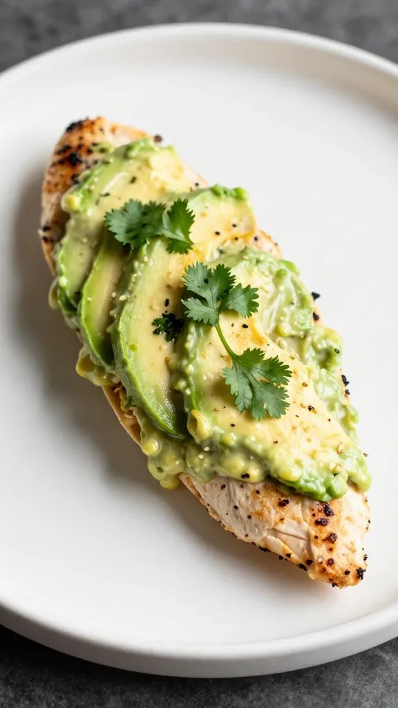 single plated creamy avocado taco chicken breast, cilantro garnish