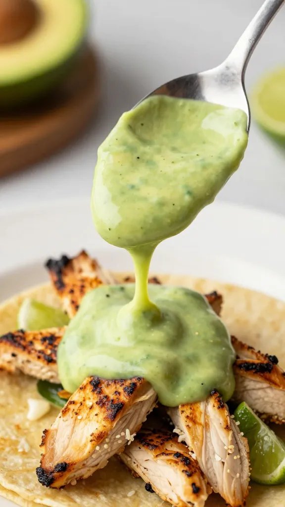 spoon dripping avocado-lime sauce over seared taco chicken