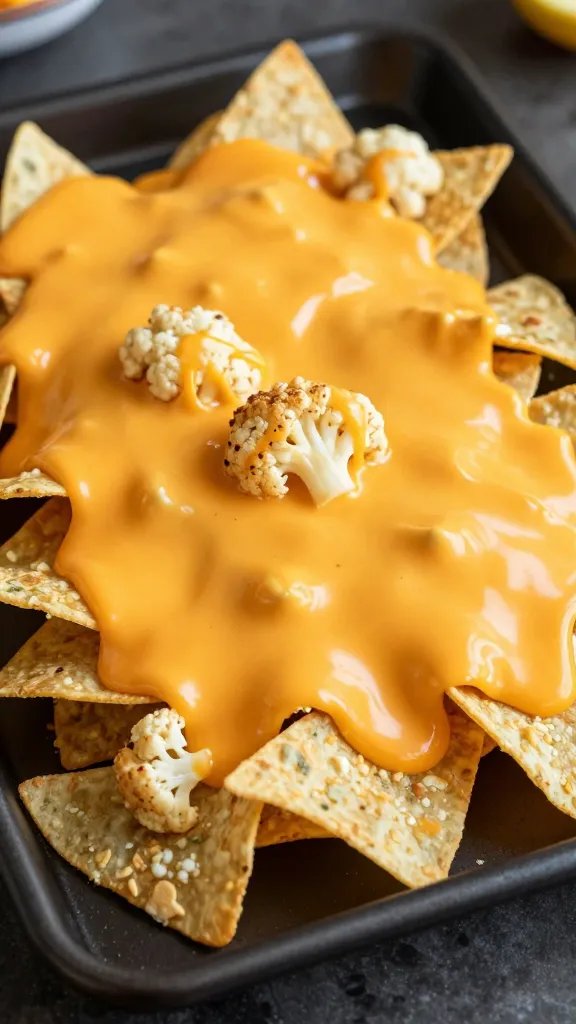 melted cheddar blanket over cauliflower nachos on black baking tray