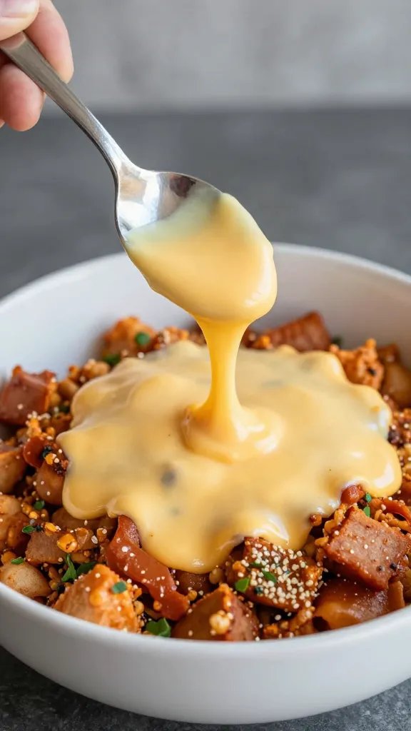 spoonful of melty cheese over low-carb enchilada bowl