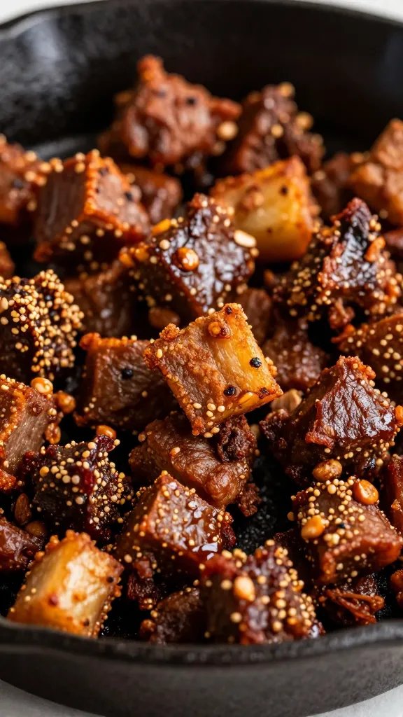 closeup of crispy keto carnitas on cast-iron skillet