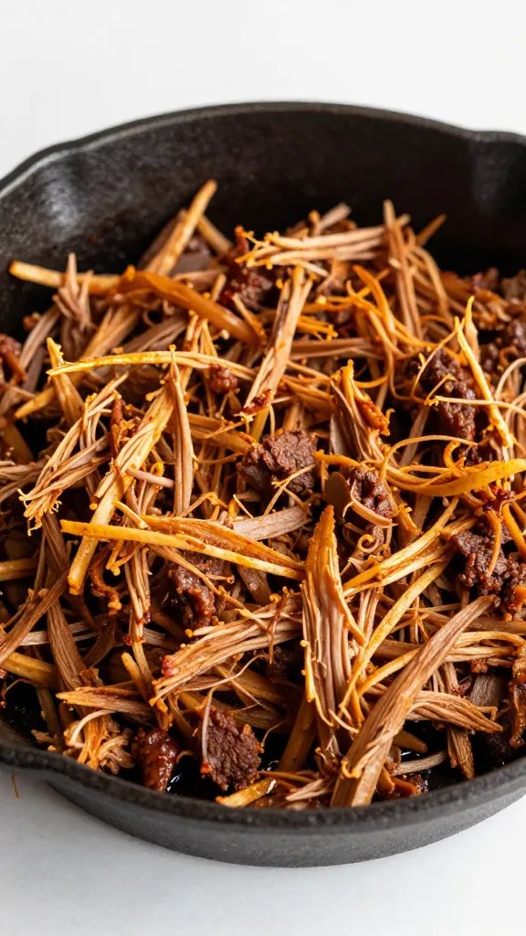 shredded carnitas in small cast-iron pan, golden edges