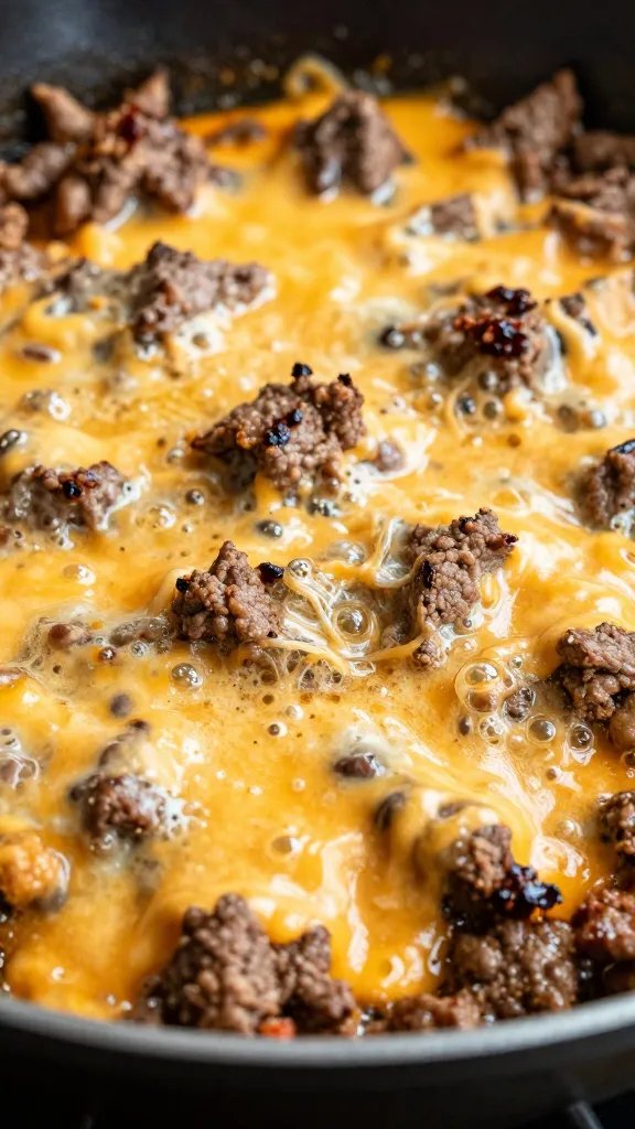 closeup skillet of cheesy keto taco beef, bubbling cheese