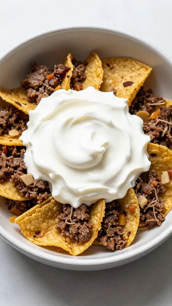 single bowl of keto taco skillet topped with sour cream