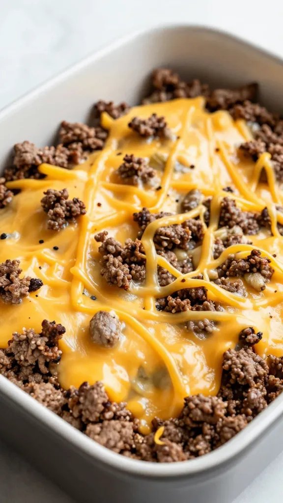 browned seasoned ground beef with melted cheddar in baking dish