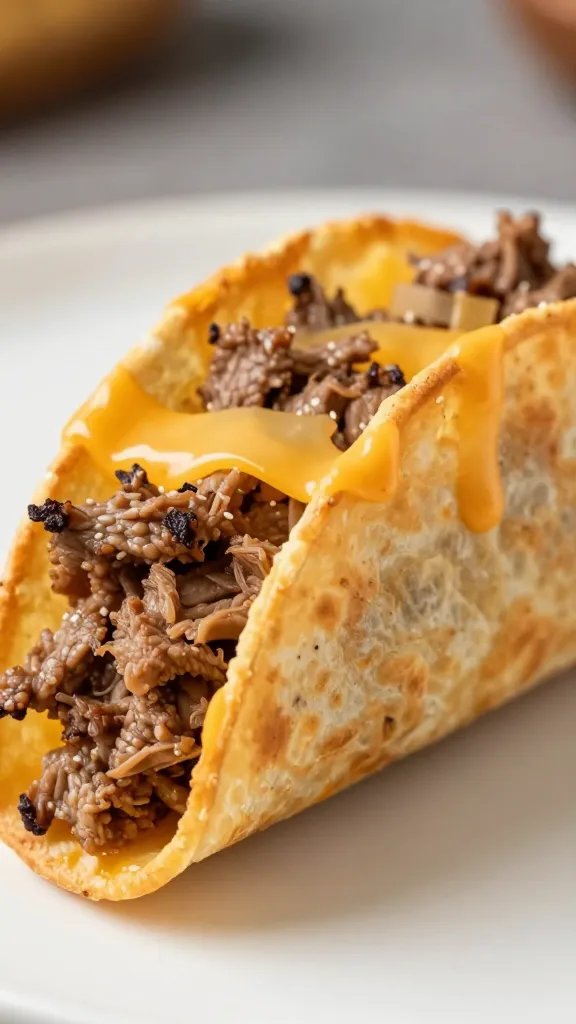 closeup of single keto beef taquito with cheese shell