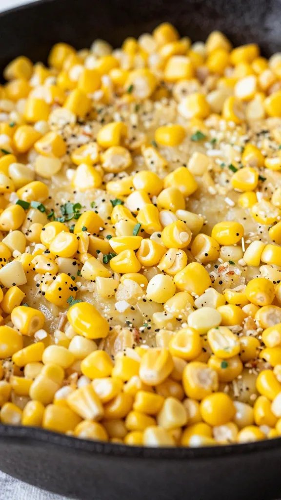 closeup of keto street corn casserole in cast-iron skillet