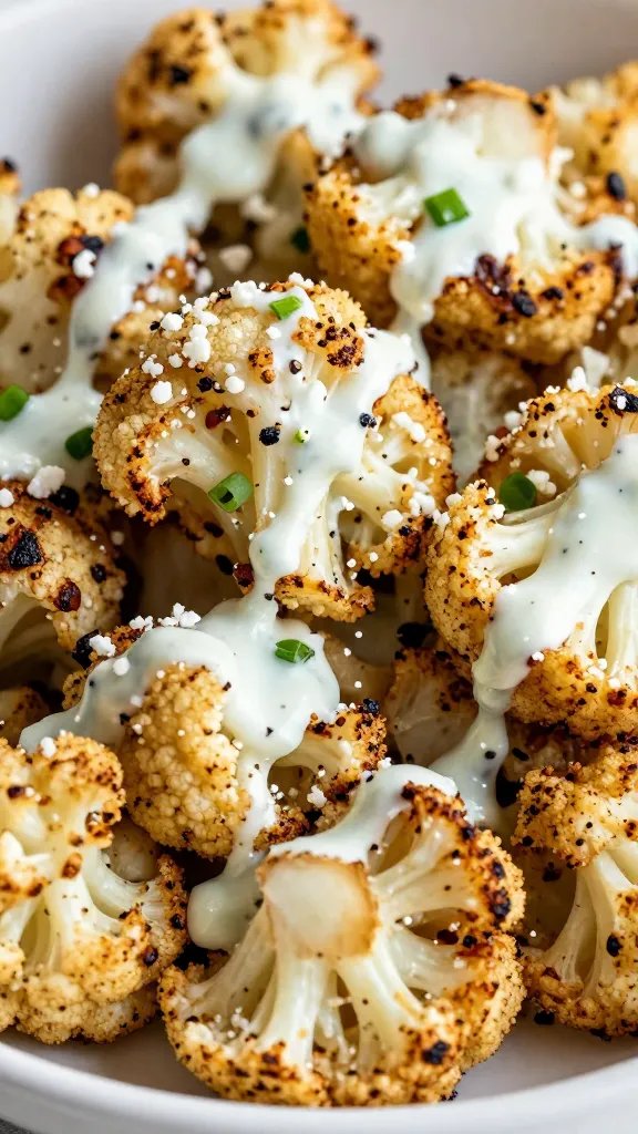 roasted cauliflower florets with chili-lime mayo and cotija, closeup